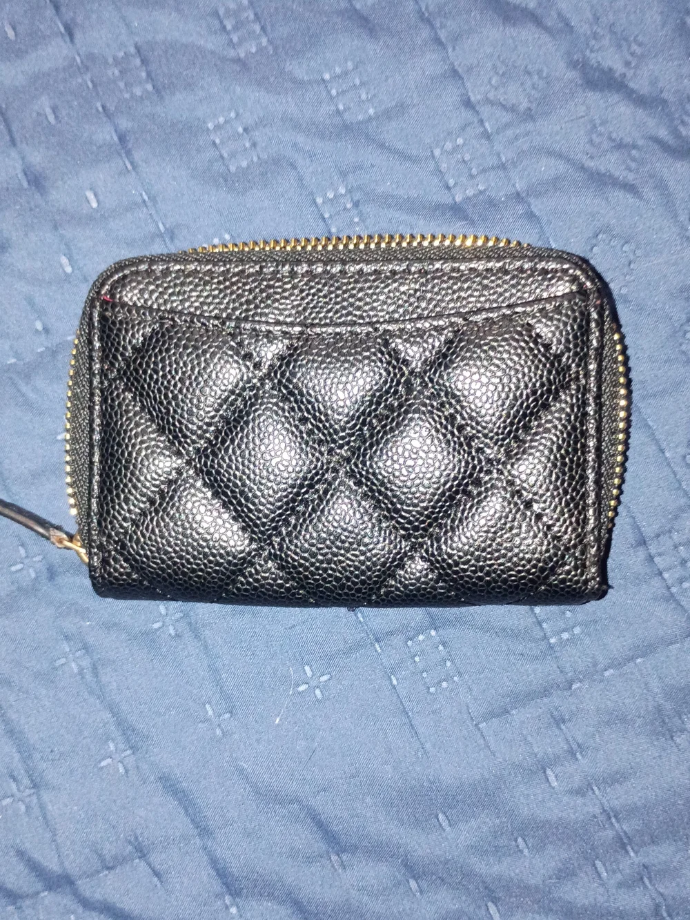 Black Quilted Zip Card Holder with Gold  CC Logo
